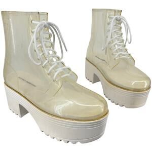 Womens White Jeffrey Campbell Fog Transparent Clear PVC Chunky Platform Boots 9M